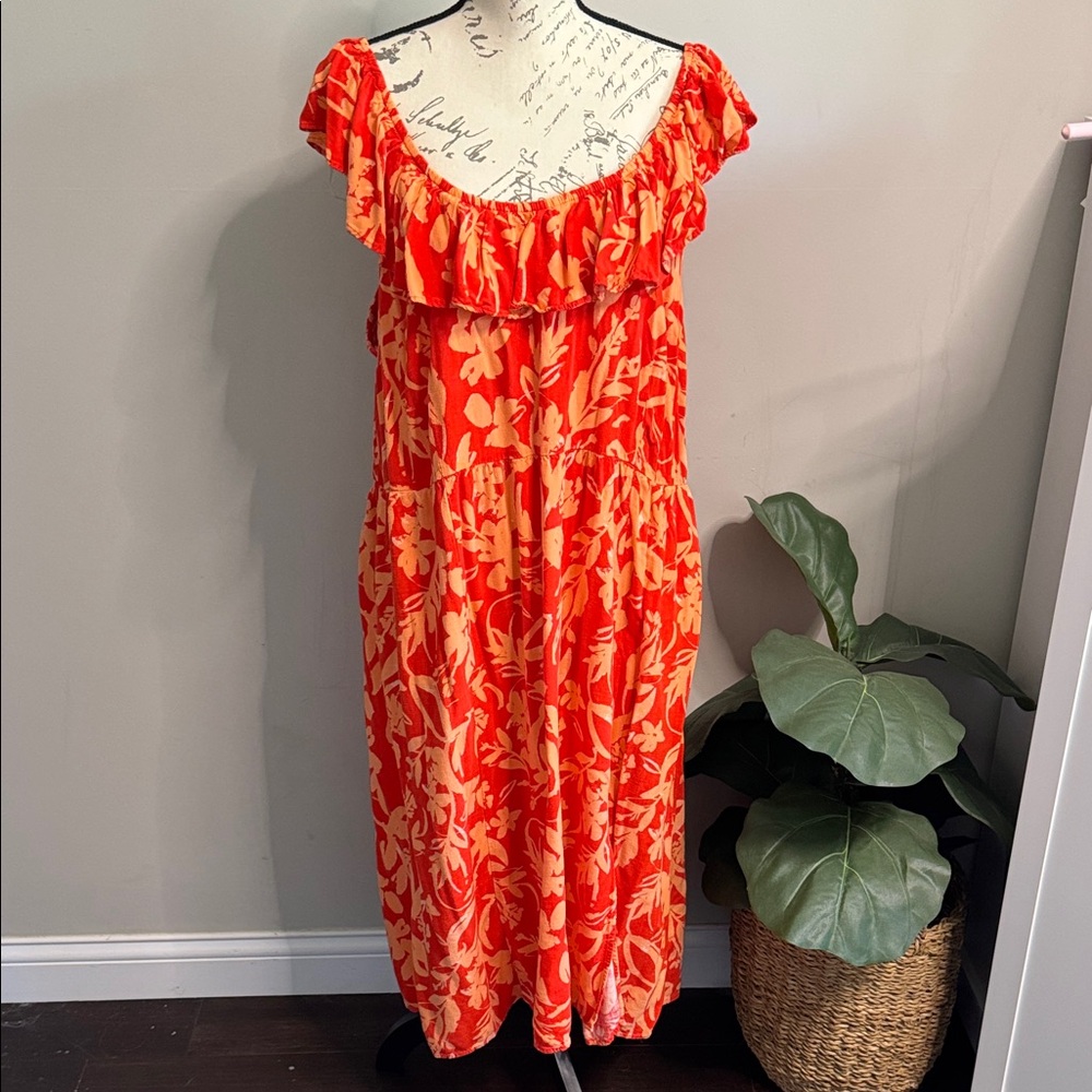 Ava & Viv 2X Orange Floral Midi Dress Ruffle Neck Smocked Waist Boho Summer